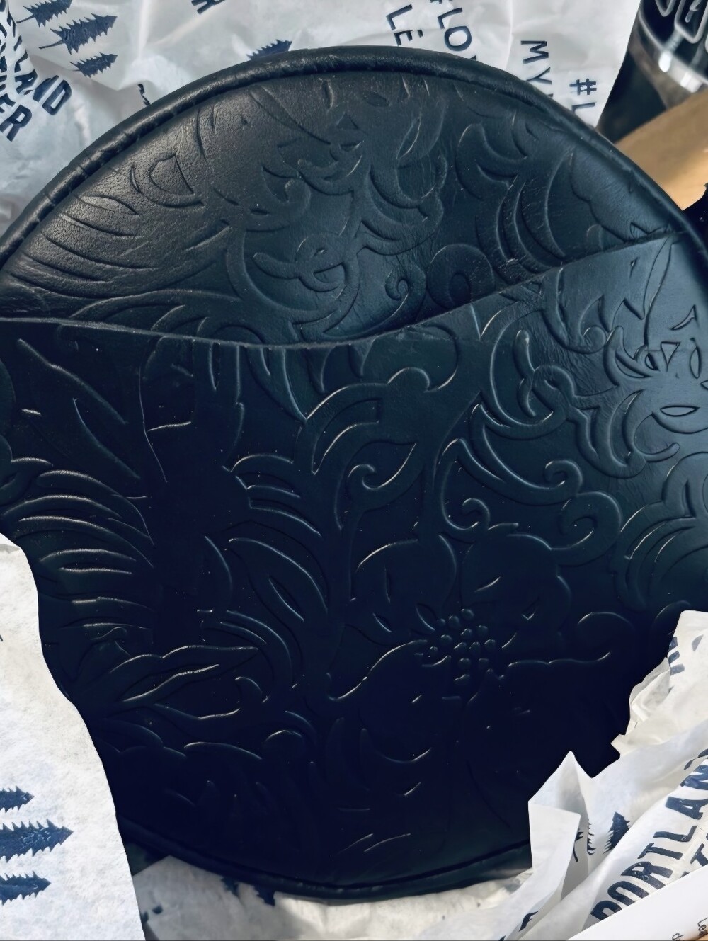 Portkand Leather Embossed Round Black Crossbody Bag